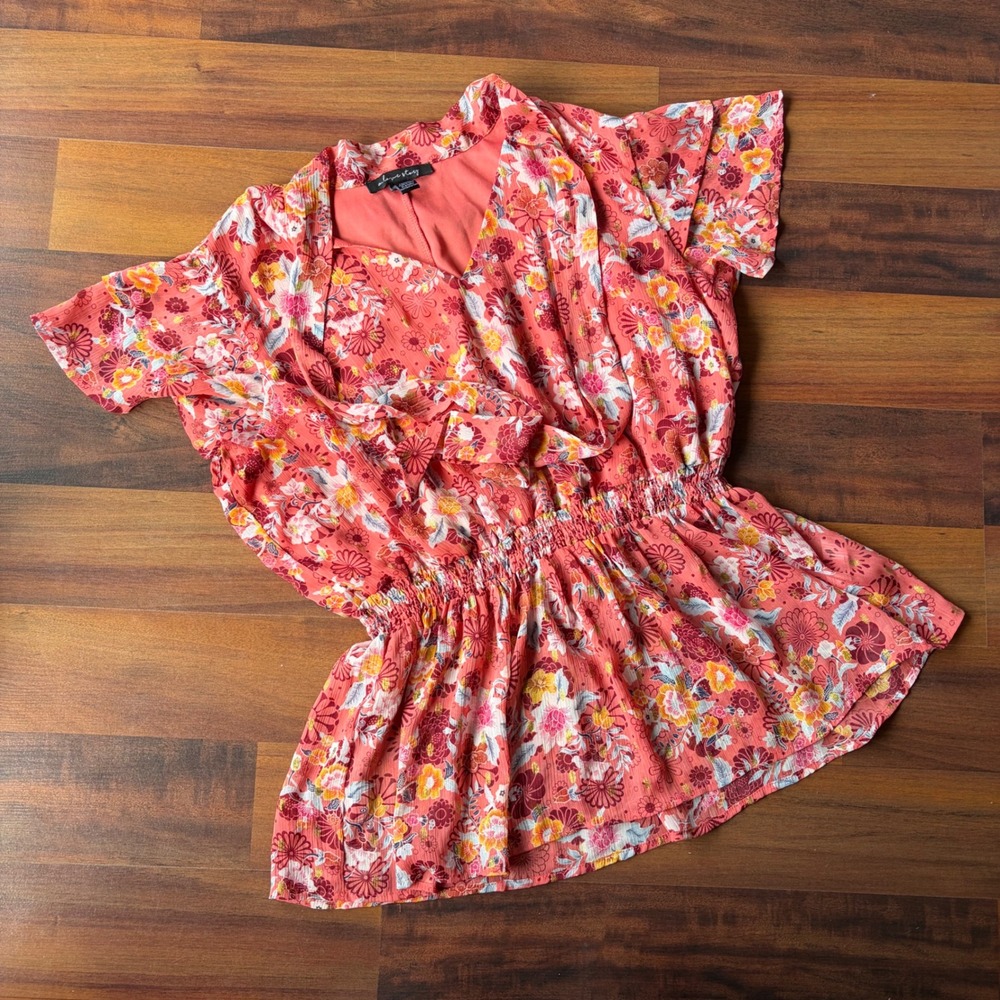 A Love Story Coral Floral Smocked Peplum Blouse Gold Glitter Flutter Sleeve L